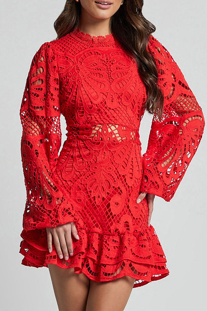 Vestido sexy de encaje con cuello mandarín y malla con volantes y aberturas (5 colores)