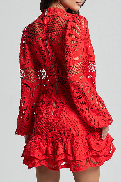 Vestido sexy de encaje con cuello mandarín y malla con volantes y aberturas (5 colores)