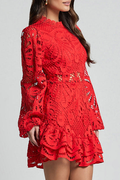 Vestido sexy de encaje con cuello mandarín y malla con volantes y aberturas (5 colores)