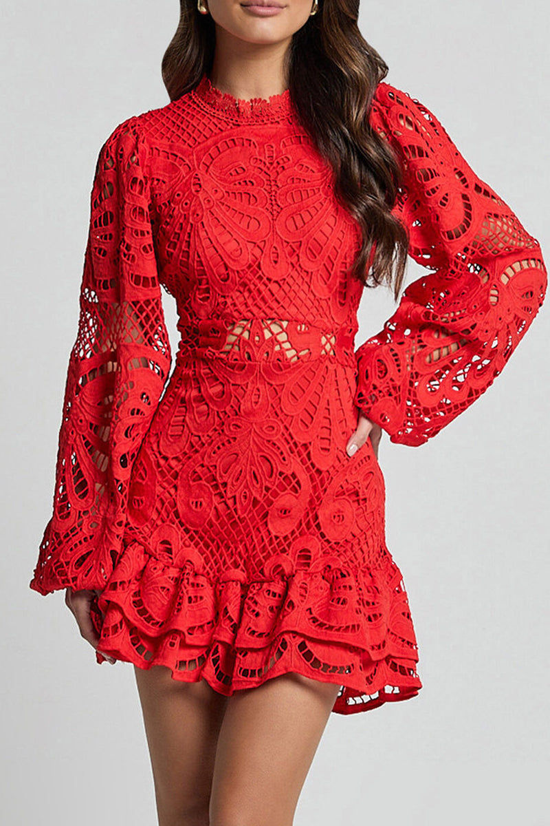 Vestido sexy de encaje con cuello mandarín y malla con volantes y aberturas (5 colores)