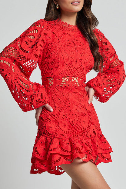 Vestido sexy de encaje con cuello mandarín y malla con volantes y aberturas (5 colores)