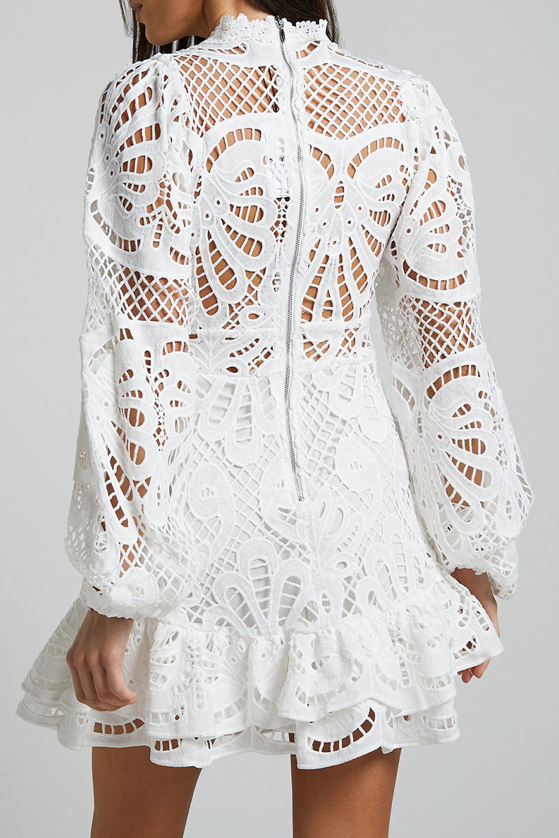 Vestido sexy de encaje con cuello mandarín y malla con volantes y aberturas (5 colores)