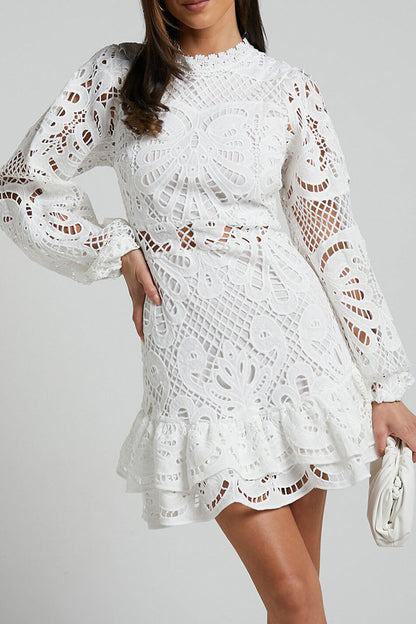 Vestido sexy de encaje con cuello mandarín y malla con volantes y aberturas (5 colores)