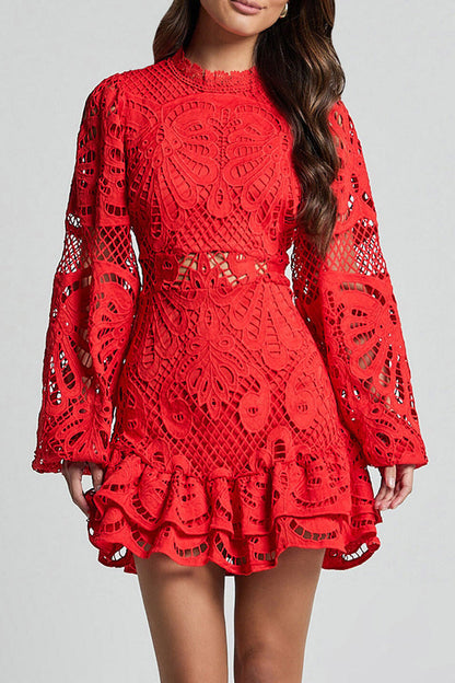 Vestido sexy de encaje con cuello mandarín y malla con volantes y aberturas (5 colores)