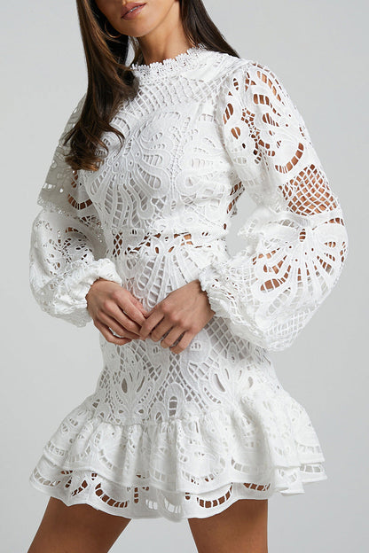 Vestido sexy de encaje con cuello mandarín y malla con volantes y aberturas (5 colores)