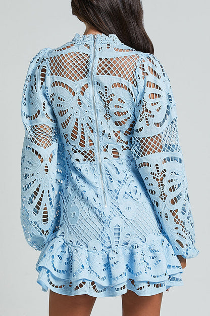 Vestido sexy de encaje con cuello mandarín y malla con volantes y aberturas (5 colores)