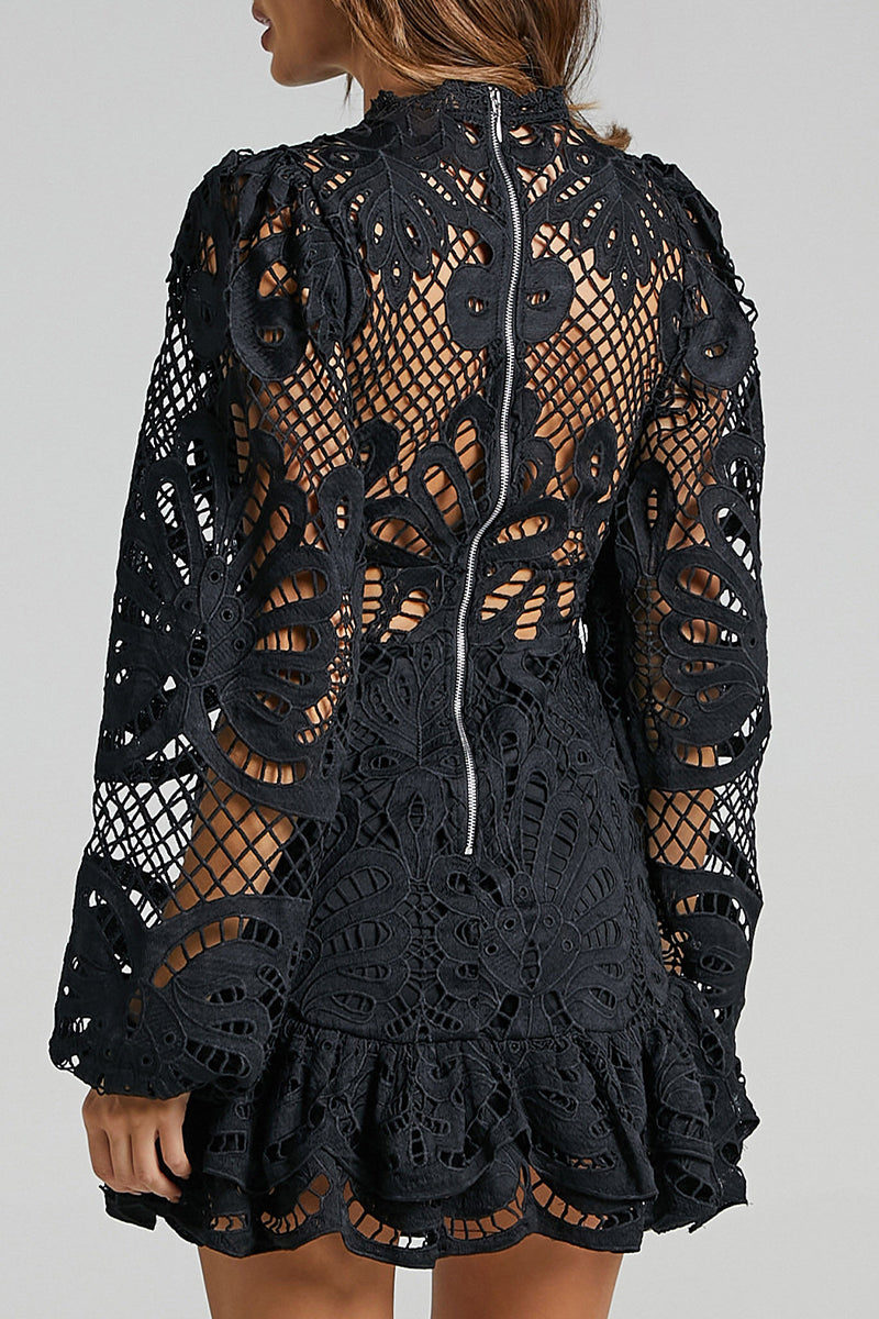 Vestido sexy de encaje con cuello mandarín y malla con volantes y aberturas (5 colores)