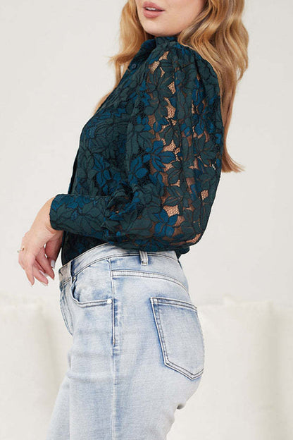 Blusas sexys de encaje calado con cuello vuelto