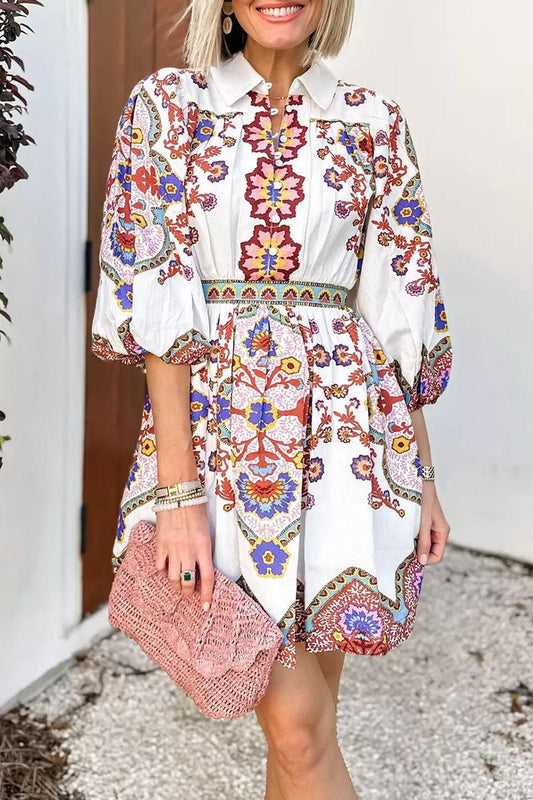 Vestidos casuales de diario con estampado floral, bolsillos, botones y cuello vuelto, corte A