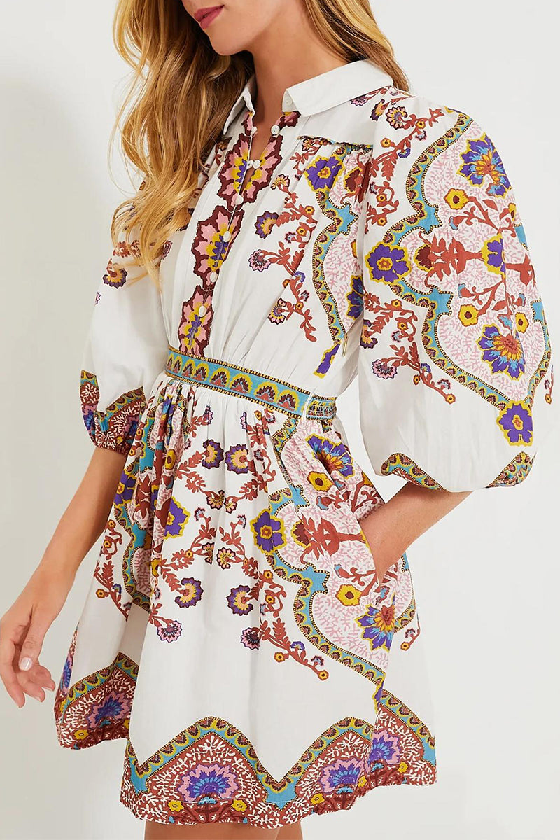 Vestidos casuales de diario con estampado floral, bolsillos, botones y cuello vuelto, corte A