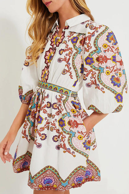 Vestidos casuales de diario con estampado floral, bolsillos, botones y cuello vuelto, corte A