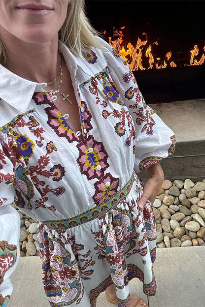 Vestidos casuales de diario con estampado floral, bolsillos, botones y cuello vuelto, corte A