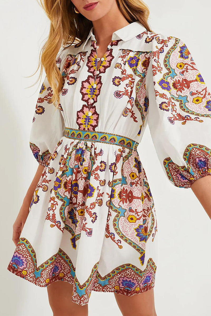 Vestidos casuales de diario con estampado floral, bolsillos, botones y cuello vuelto, corte A