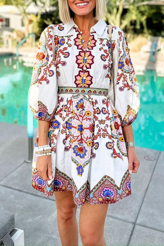 Vestidos casuales de diario con estampado floral, bolsillos, botones y cuello vuelto, corte A