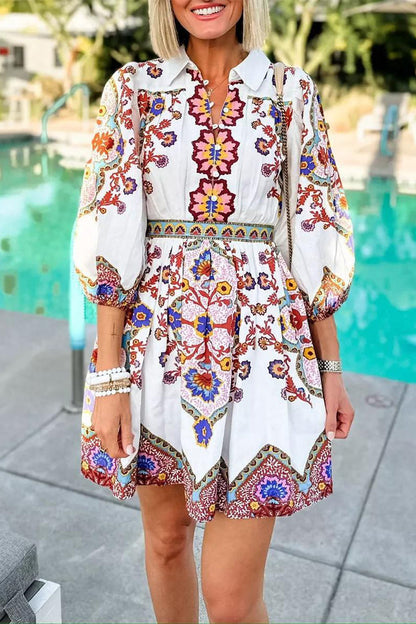 Vestidos casuales de diario con estampado floral, bolsillos, botones y cuello vuelto, corte A