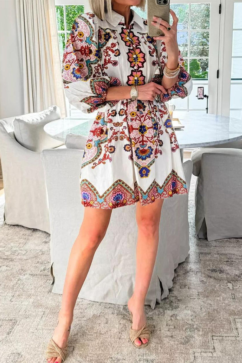 Vestidos casuales de diario con estampado floral, bolsillos, botones y cuello vuelto, corte A