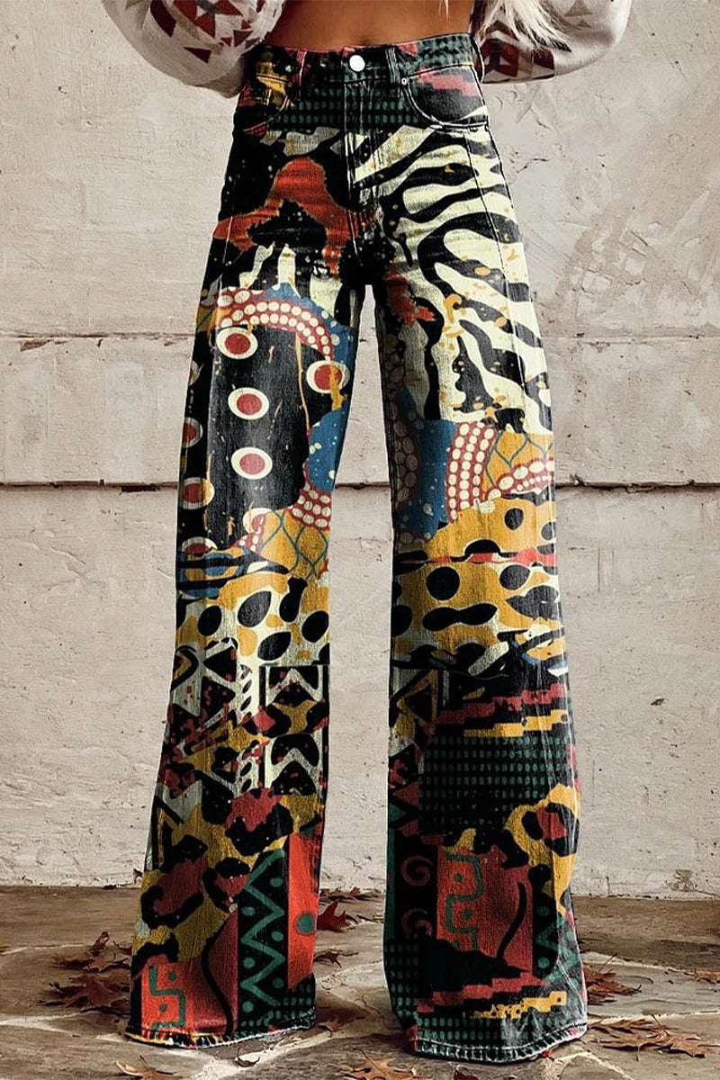 Pantalones casuales de calle con estampado geométrico, estampado animal, flores, botones, contraste, cintura alta, holgados, pierna ancha, estampado completo (4 colores)