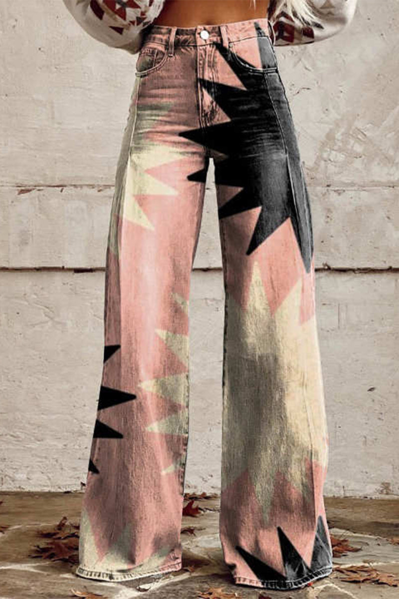Pantalones casuales de calle con estampado geométrico, estampado animal, flores, botones, contraste, cintura alta, holgados, pierna ancha, estampado completo (10 colores)