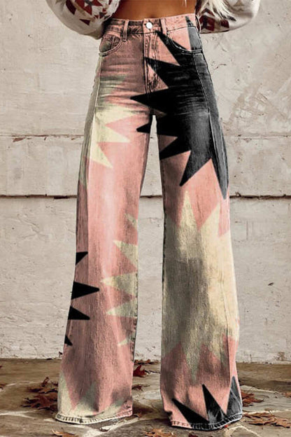 Pantalones casuales de calle con estampado geométrico, estampado animal, flores, botones, contraste, cintura alta, holgados, pierna ancha, estampado completo (4 colores)