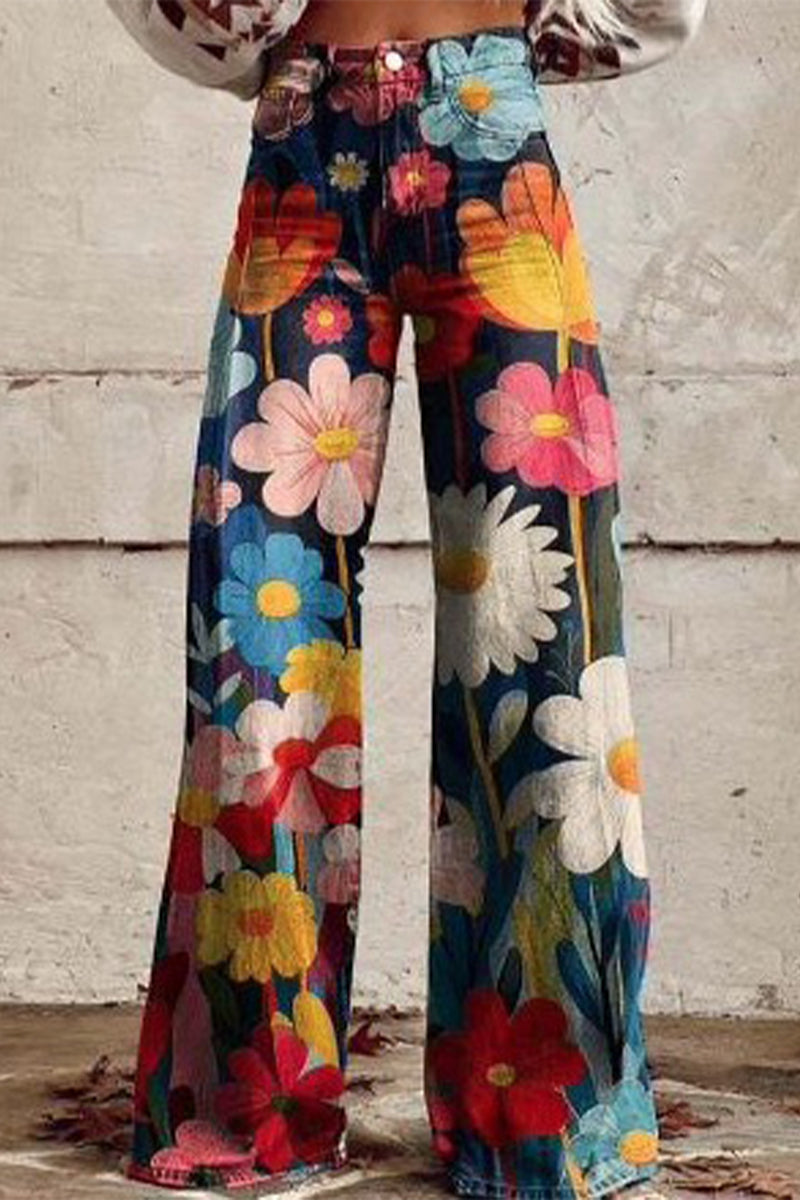 Pantalones casuales de calle con estampado geométrico, estampado animal, flores, botones, contraste, cintura alta, holgados, pierna ancha, estampado completo (10 colores)