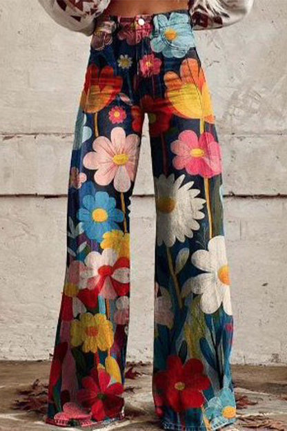 Pantalones casuales de calle con estampado geométrico, estampado animal, flores, botones, contraste, cintura alta, holgados, pierna ancha, estampado completo (4 colores)