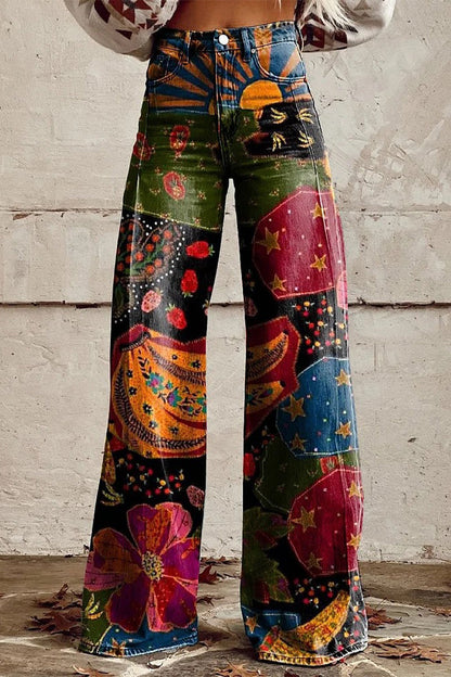 Pantalones casuales de calle con estampado geométrico, estampado animal, flores, botones, contraste, cintura alta, holgados, pierna ancha, estampado completo (4 colores)