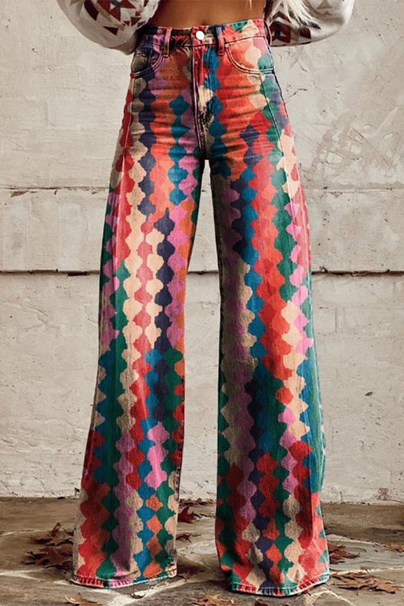 Pantalones casuales de calle con estampado geométrico, estampado animal, flores, botones, contraste, cintura alta, holgados, pierna ancha, estampado completo (4 colores)