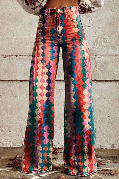 Pantalones casuales de calle con estampado geométrico, estampado animal, flores, botones, contraste, cintura alta, holgados, pierna ancha, estampado completo (4 colores)