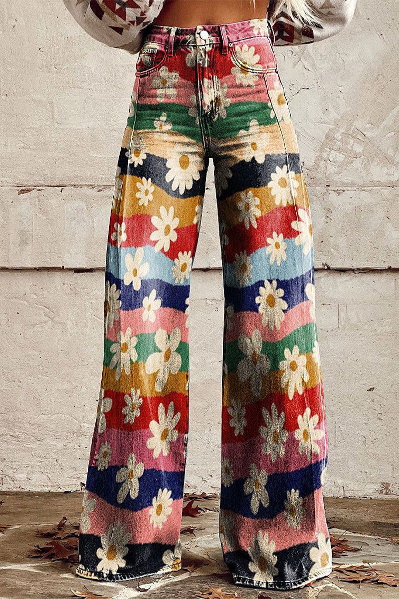 Pantalones casuales de calle con estampado geométrico, estampado animal, flores, botones, contraste, cintura alta, holgados, pierna ancha, estampado completo (10 colores)