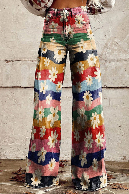 Pantalones casuales de calle con estampado geométrico, estampado animal, flores, botones, contraste, cintura alta, holgados, pierna ancha, estampado completo (10 colores)