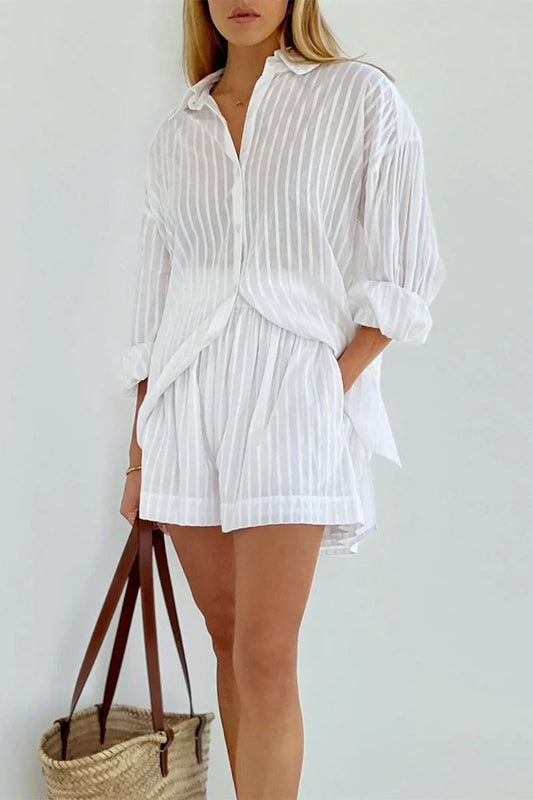 Conjunto informal de dos piezas con bolsillo, textura transparente, cuello vuelto, manga larga