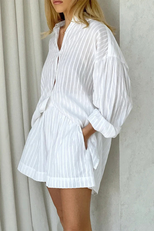 Conjunto informal de dos piezas con bolsillo, textura transparente, cuello vuelto, manga larga