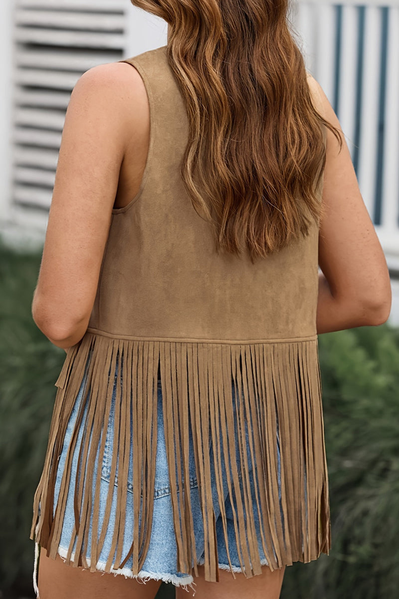 Chalecos casuales de color liso con flecos y cuello en V (6 colores)