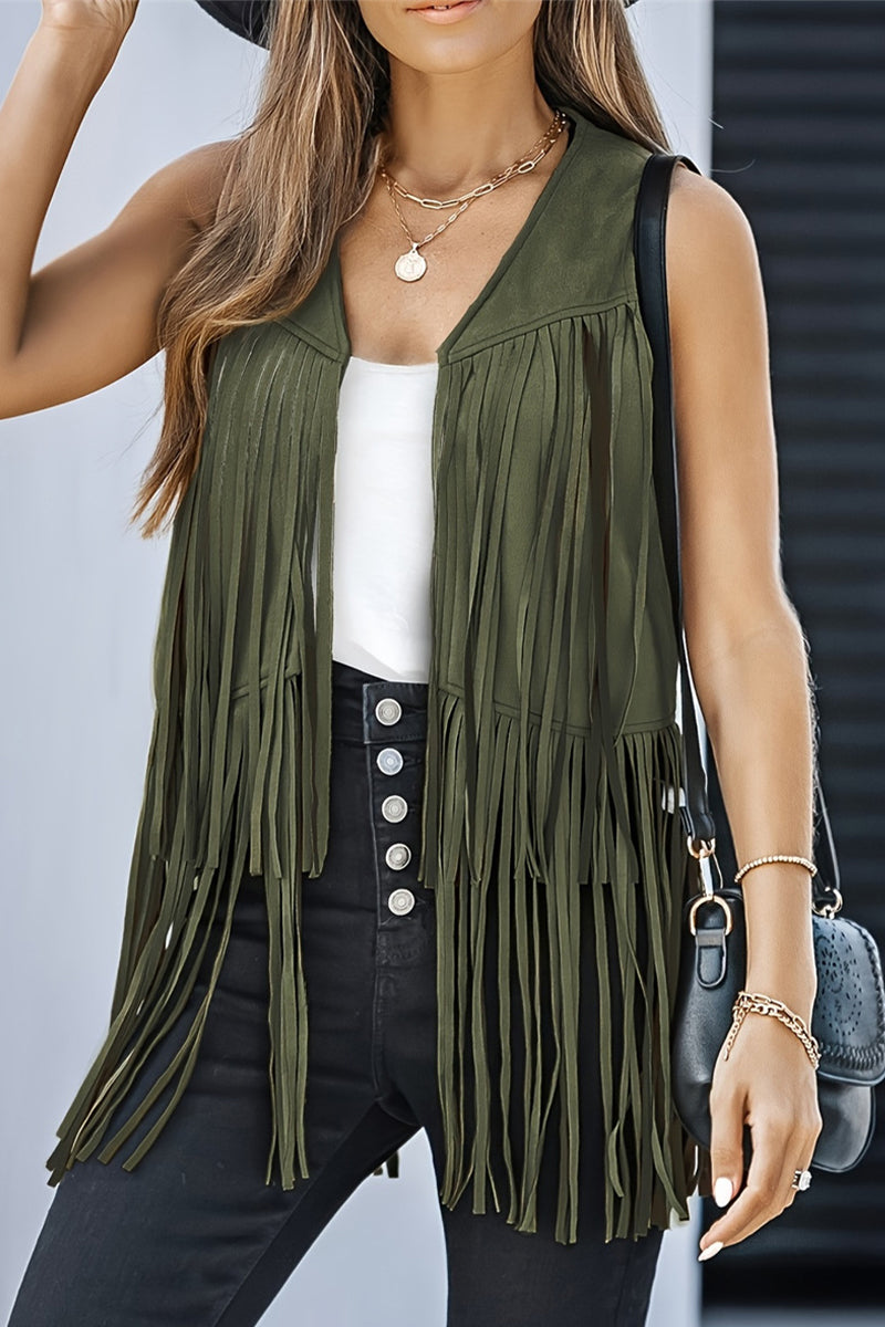 Chalecos casuales de color liso con flecos y cuello en V (6 colores)
