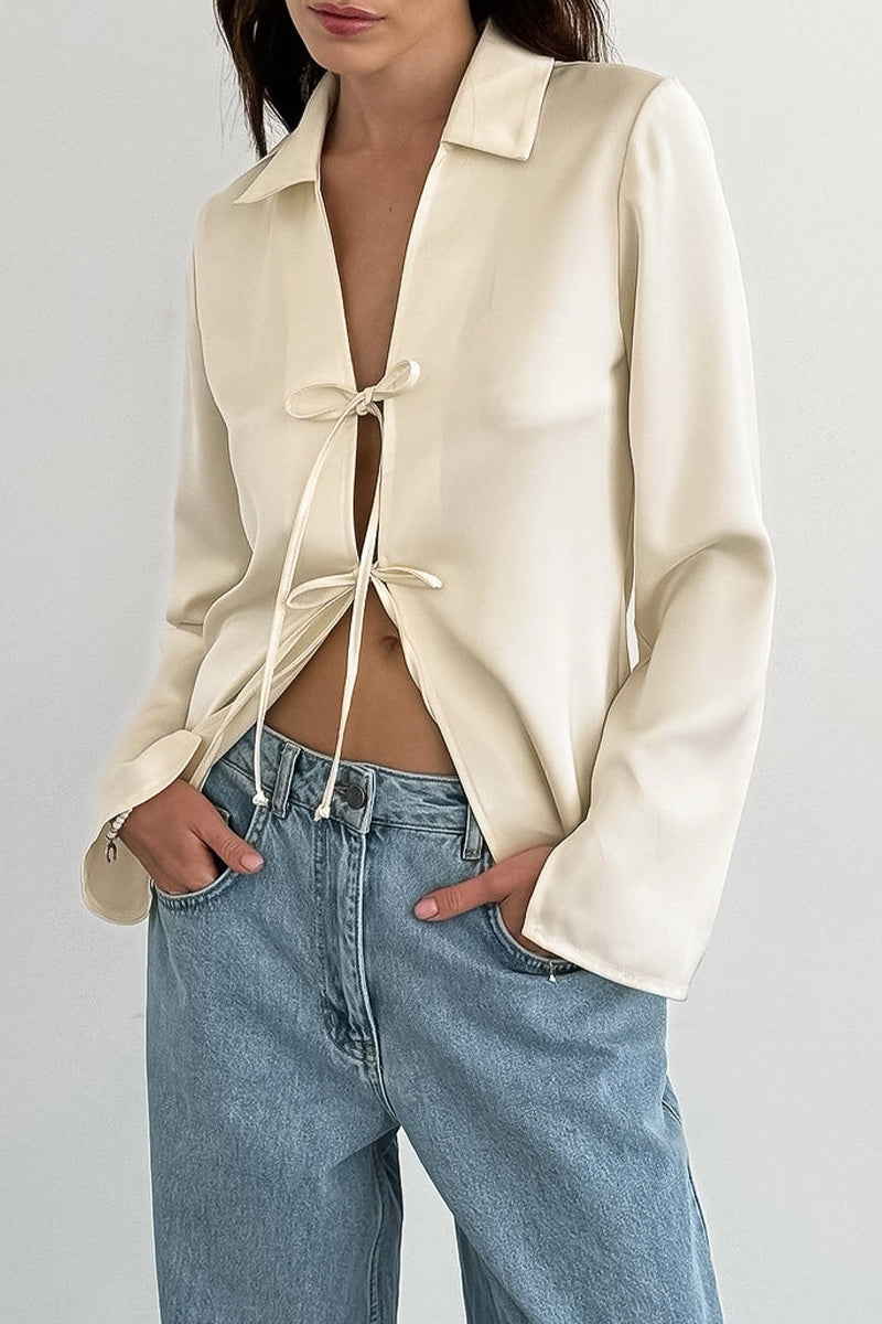 Blusas sexis de color sólido con cordones y cuello vuelto