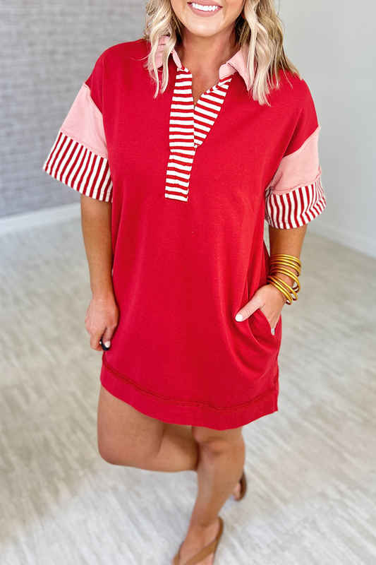 Vestido informal de manga corta con cuello vuelto, rayas, bolsillos y patchwork (5 colores)