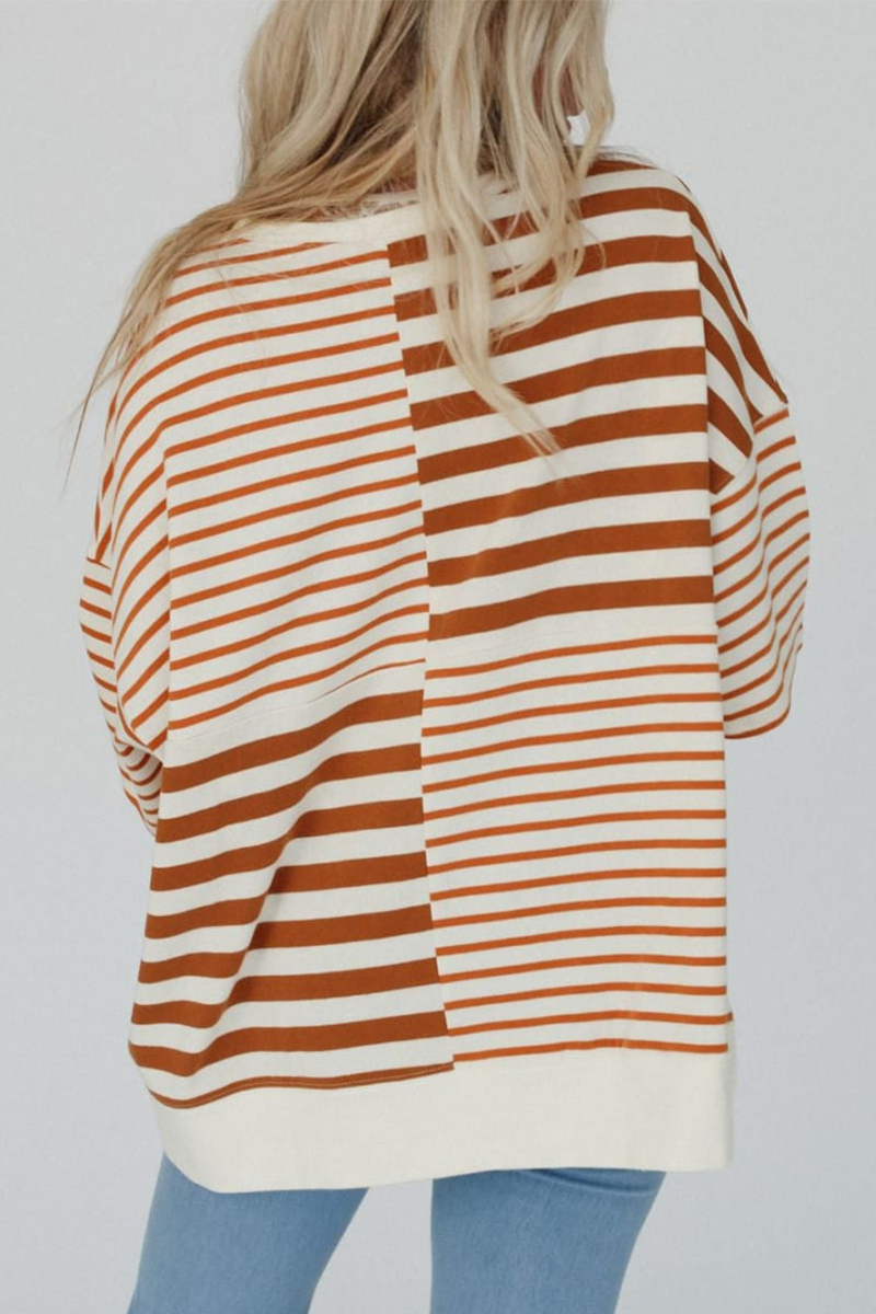 Camisetas casuales de cuello redondo con rayas, botones y patchwork en contraste