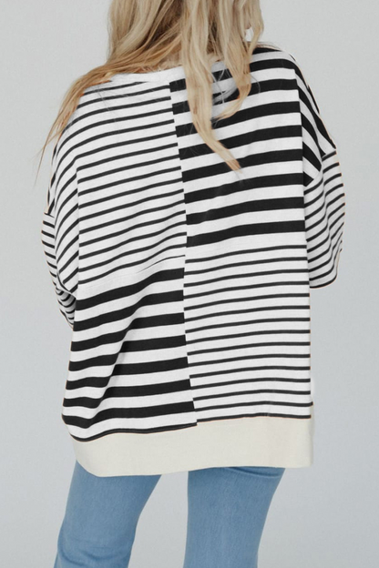 Camisetas casuales de cuello redondo con rayas, botones y patchwork en contraste