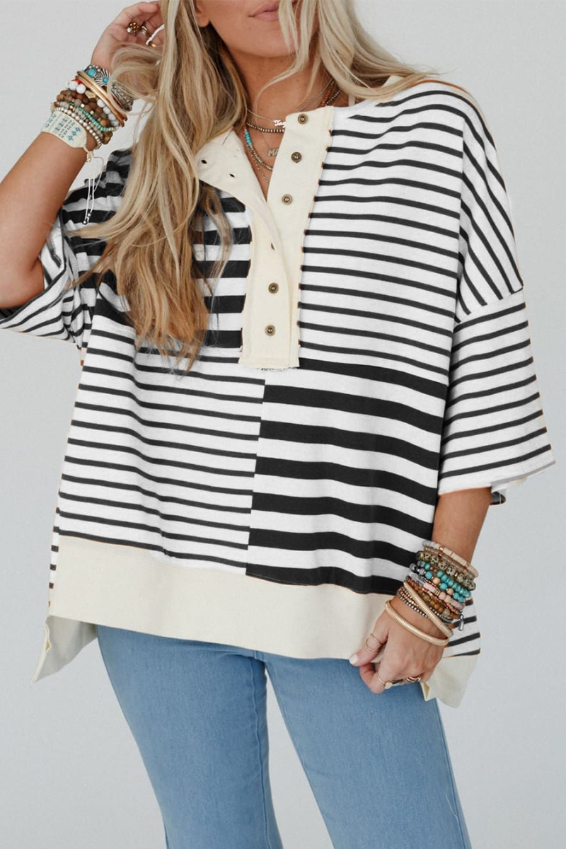Camisetas casuales de cuello redondo con rayas, botones y patchwork en contraste