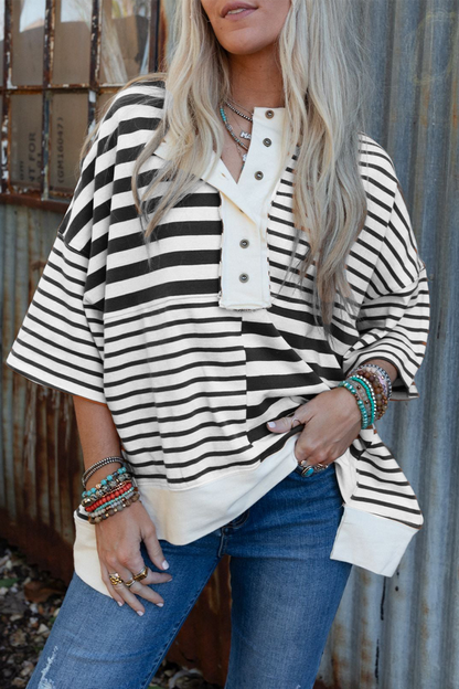 Camisetas casuales de cuello redondo con rayas, botones y patchwork en contraste