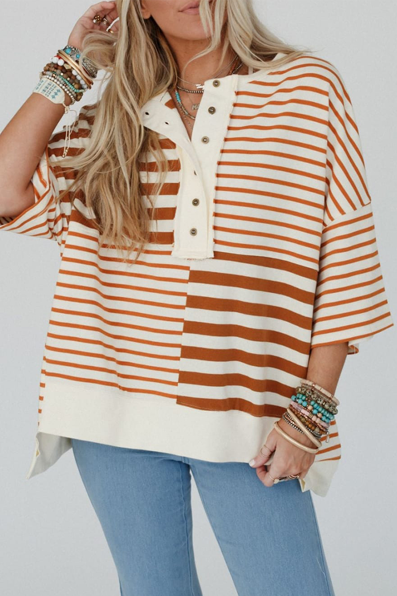Camisetas casuales de cuello redondo con rayas, botones y patchwork en contraste
