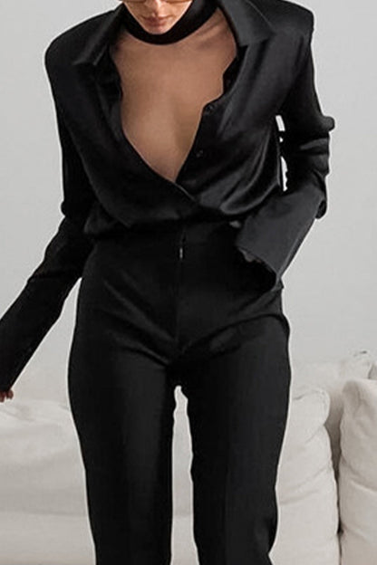 Blusas sexis de color liso con botones y cuello vuelto