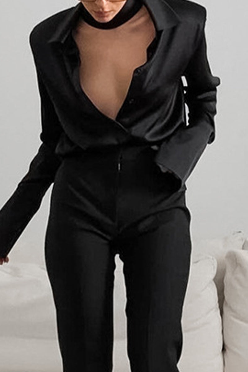 Blusas sexis de color liso con botones y cuello vuelto