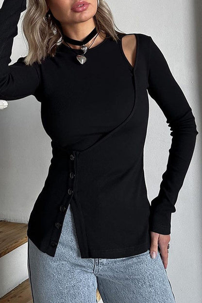 Tops casuales de cuello redondo irregular con botones de color sólido
