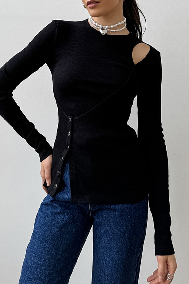 Tops casuales de cuello redondo irregular con botones de color sólido