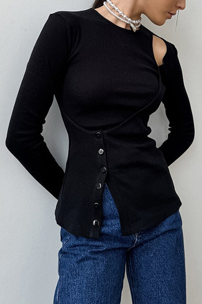 Tops casuales de cuello redondo irregular con botones de color sólido