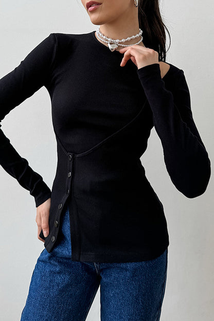 Tops casuales de cuello redondo irregular con botones de color sólido