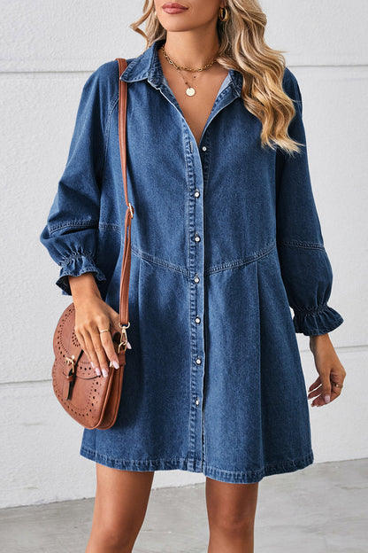 Vestidos vaqueros holgados informales de manga larga con cuello vuelto y desgastado (3 colores)