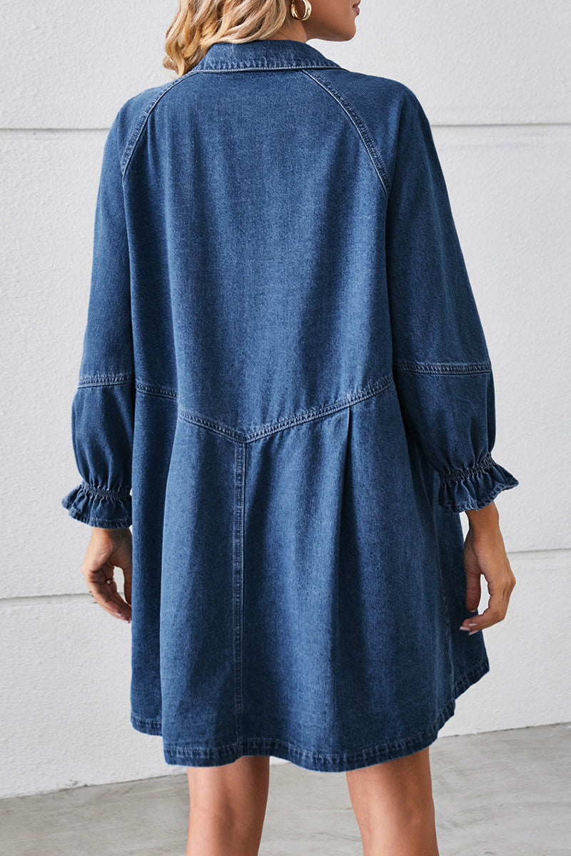 Vestidos vaqueros holgados informales de manga larga con cuello vuelto y desgastado (3 colores)