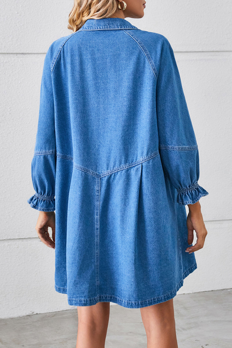Vestidos vaqueros holgados informales de manga larga con cuello vuelto y desgastado (3 colores)